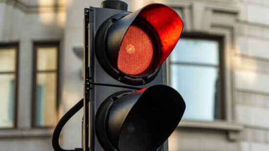 A traffic light on red